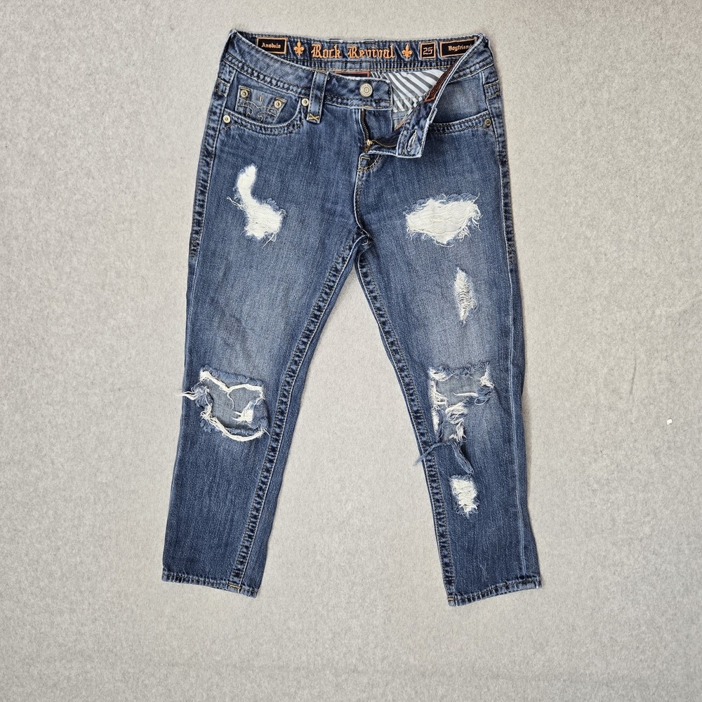 Rock Revival Women Jeans 25 Blue Denim Embroidered Annabela Boyfriend